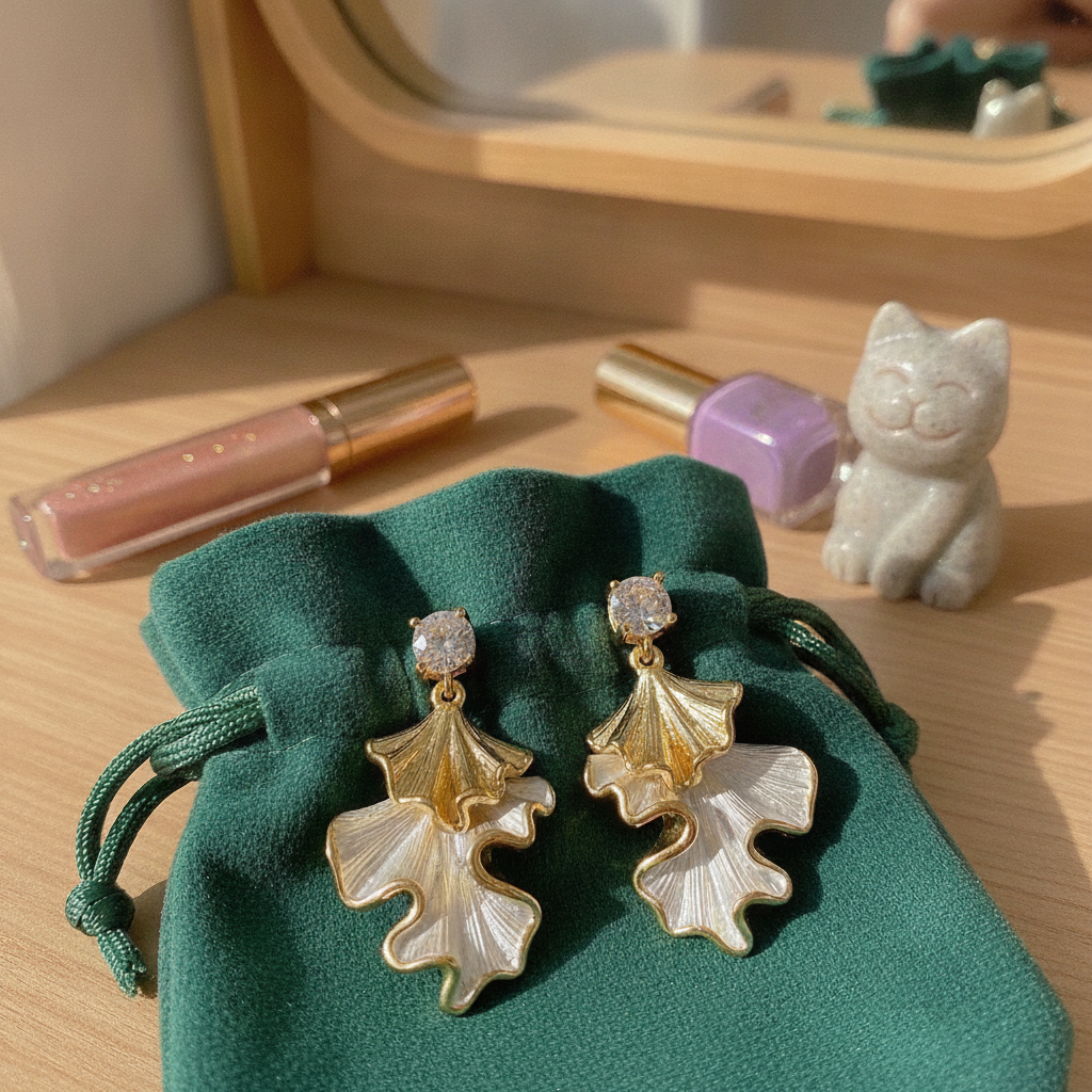 Two-Tone Enamel Leaf Zirconia Earrings